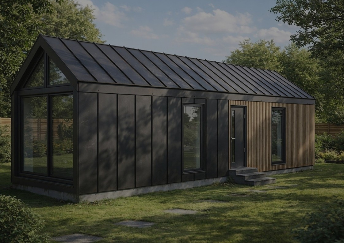 Modulhuset utvendig i hage, med saltak og gavlvindu